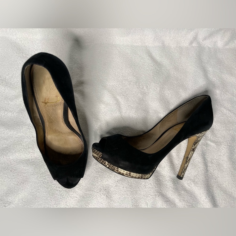 Black suede, open toe heel with leopard print heels
